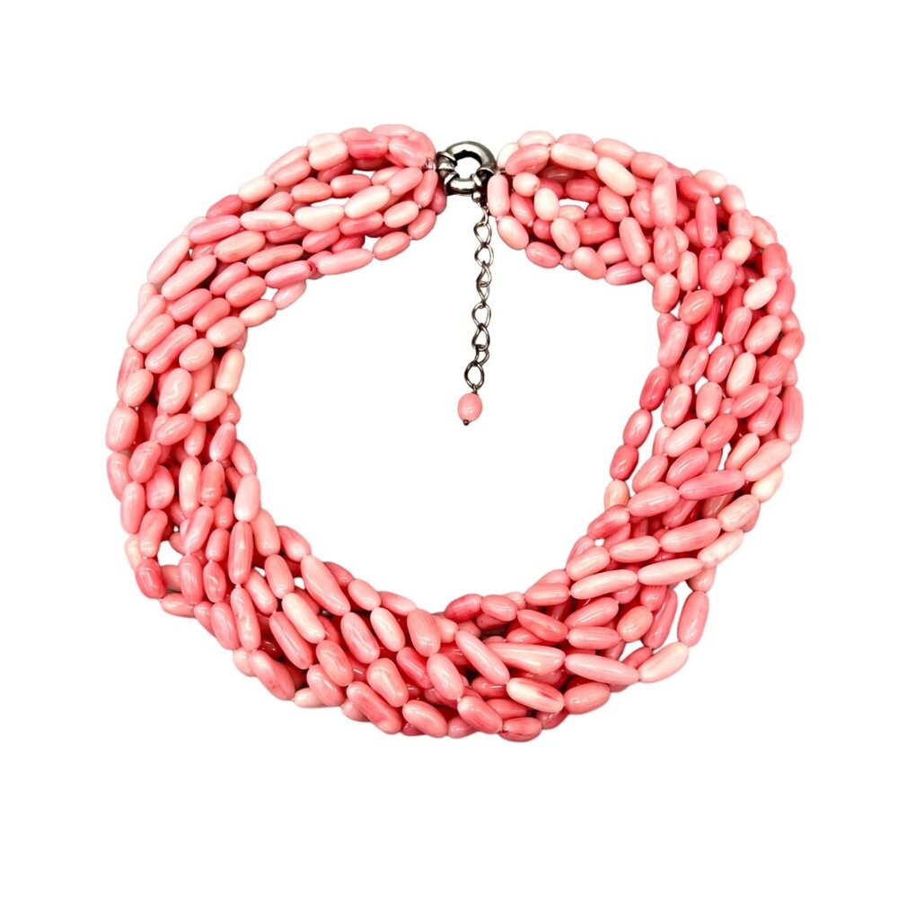 Pink Coral Bead 10-Strand Necklace 925 Sterling Silver Large Spring Clasp 17"L